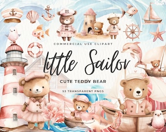 Niedliche Sailor Teddybär Clipart, Rosa Nautische Kindergarten Clip Art, Unter dem Meer, Strand PNG, Geburtstag, Mädchen-Baby-Dusche, Meer Leben, Kommerziell