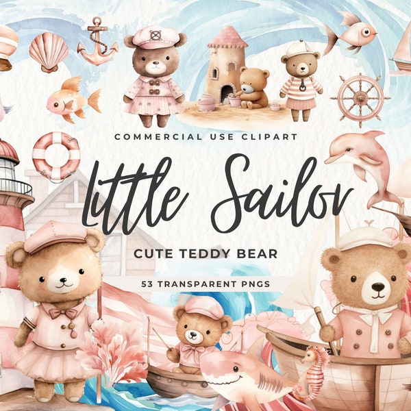 Cute Sailor Teddy Bear Clipart, Pink Nautical Nursery Clip art, Under the Sea, Beach PNG, Birthday, Girl Baby Shower, Sea Life, Commercial