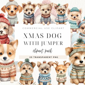 Clipart maglione per cani di Natale, clipart per cani, creazione di cartoline, clipart di Natale, bundle di clipart di Natale, cucciolo di acquerello, per uso commerciale