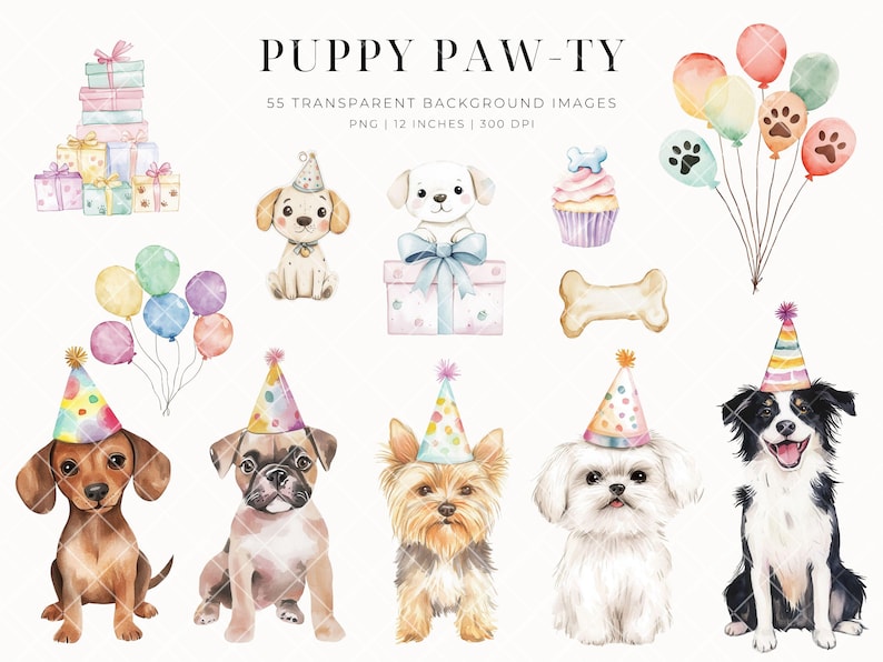 Cute Dogs Clipart Birthday Party, Instant Download, Watercolor Puppies ...