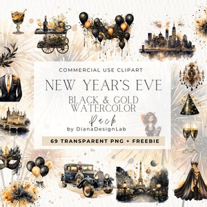 Clipart Saint-Sylvestre aquarelle, 2024 clipart NYE, fête de Saint-Sylvestre, fête noir et or, nouvel an groovy, Paris, Londres, New York NYE