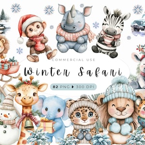 Clipart safari d'hiver, bébés dans la jungle, safari d'hiver de Noël aquarelle, oeuvre d'art pour chambre d'enfant, paysages, forêt, hiver douillet, Noël, usage commercial
