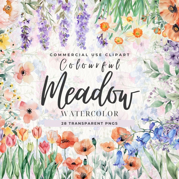 Wildflower meadow clipart, Summer floral nature, Watercolor Clipart, Peony Floral, Spring Flowers, Scrapbook, Junk Journal, Commercial Use
