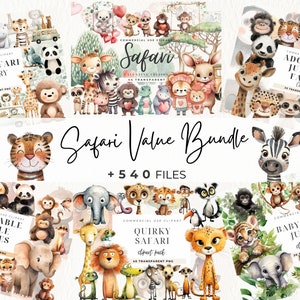 Bundle de cliparts animaux safari, décoration de chambre de bébé, baby shower, clipart de camion de la jungle, girafe dans une jeep, bébés animaux, anniversaire, usage commercial