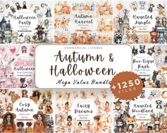 Mega paquete de imágenes prediseñadas de Halloween, otoño, acuarela, bosque, safari, fantasma, arte infantil, niños, uso comercial, espeluznante, calabaza