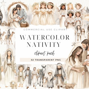 Belén Acuarela Clipart, Navidad Acuarela Jesús Nacimiento Ilustración, Tres Reyes, María Virgen, Descarga Instantánea Para Comercial