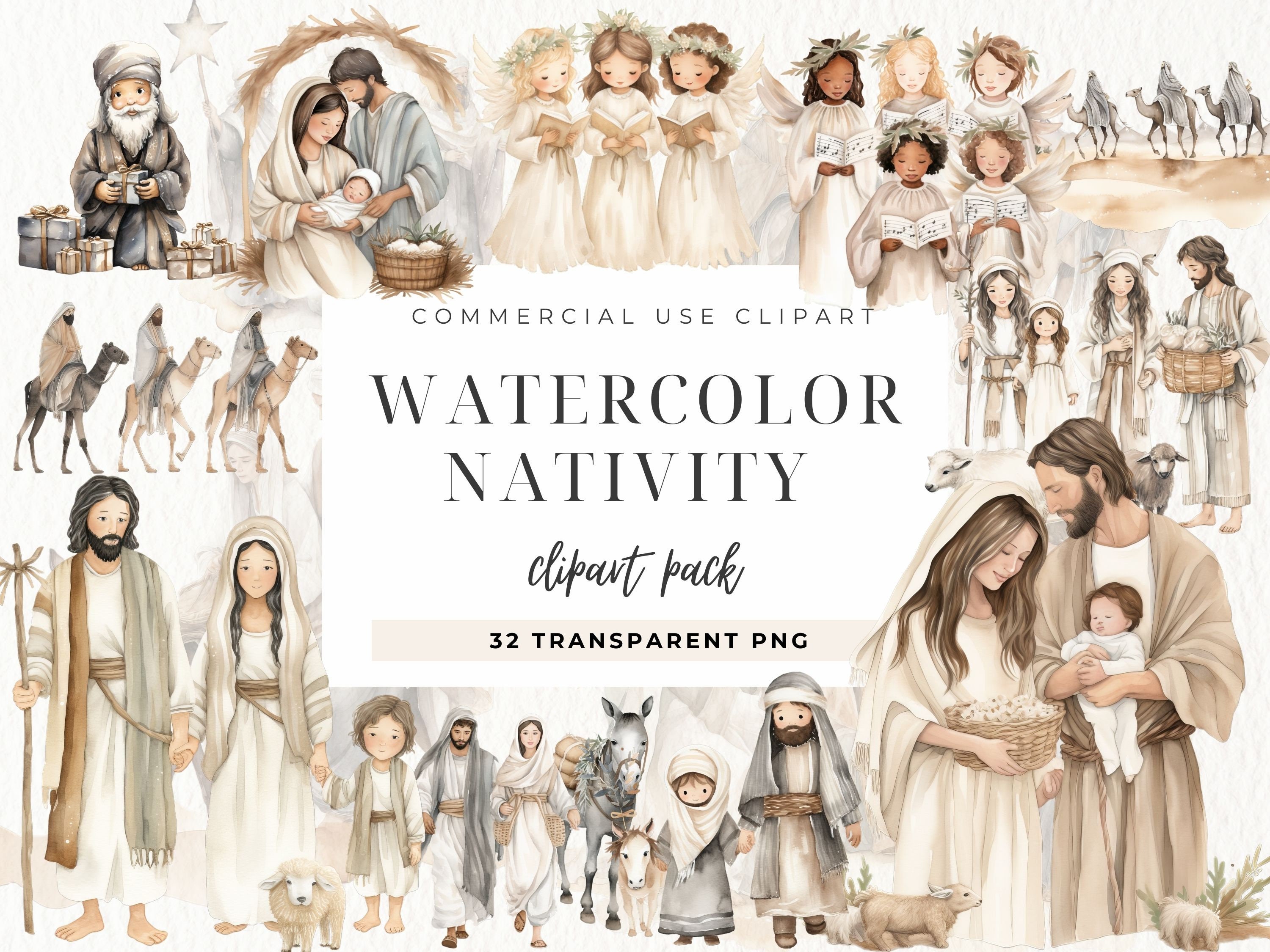 Nativity Scene Watercolor Clipart, Xmas Watercolor Jesus Birth  Illustration, Three Kings, Mary Virgin, Instant Download For Commercial, image size:3000x2250