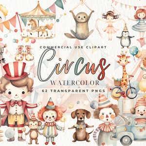 Clipart de aquarela de circo, decoração colorida de berçário, chá de bebê, animais fofos em cores doces, berçário, barraca de festa de circo, carnaval, carrossel