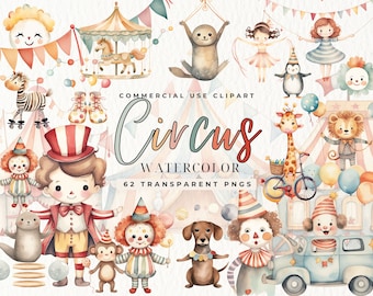 Circus Watercolor Clipart, Colorfull Nursery Decor, Baby Shower, Cute Animals Candy Color, Nursery, Circus Party Tent, Carnival, Carousel