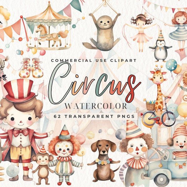 Clipart aquarelle de cirque, décor de pépinière coloré, baby shower, animaux mignons couleur bonbon, pépinière, tente de fête de cirque, carnaval, carrousel