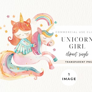 Princess Girl on Unicorn Clipart, Unicorn Clip Art, Pony Rainbow, Digital Download, Fairytale Png, Commercial Use, Girl, Kids Party