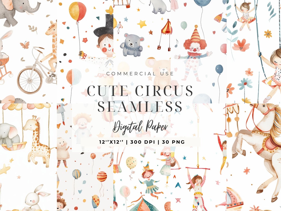 Circus Watercolor Clipart, Seamless Pattern, Colorfull Nursery