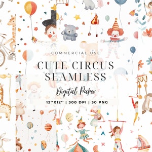 Clipart de aquarela de circo, padrão sem costura, decoração colorida de berçário, chá de bebê, animais fofos, berçário, barraca de festa de circo, carnaval