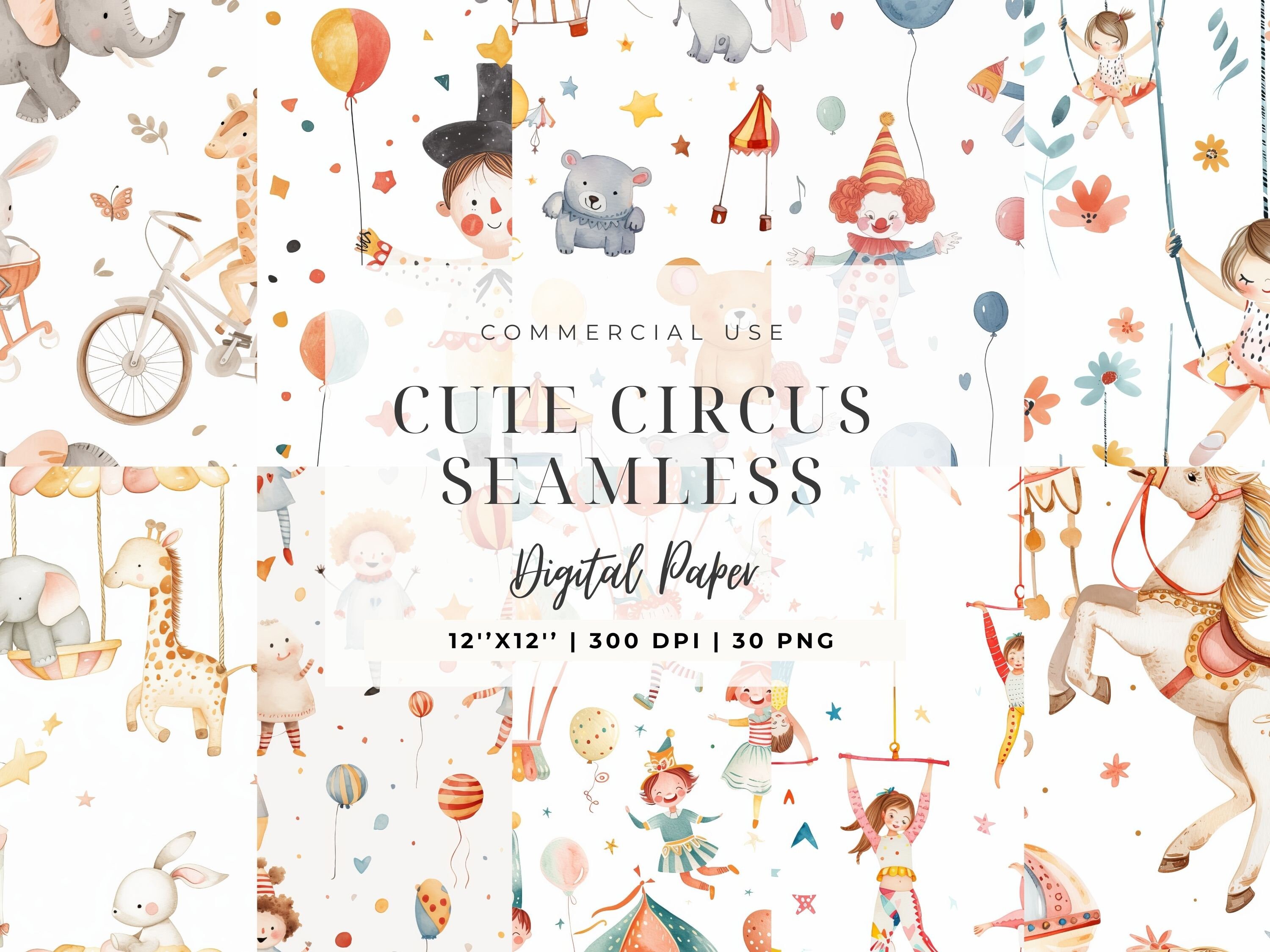 Circus Watercolor Clipart, Seamless Pattern, Colorfull Nursery Decor ...