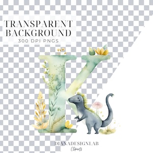 May include: Watercolor illustration of the letter K with a dinosaur and floral elements. The letter is green and yellow, the dinosaur is gray, and the flowers are yellow, pink, and green.