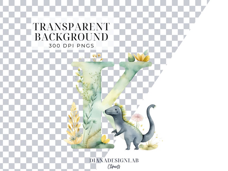 May include: Watercolor illustration of the letter K with a dinosaur and floral elements. The letter is green and yellow, the dinosaur is gray, and the flowers are yellow, pink, and green.