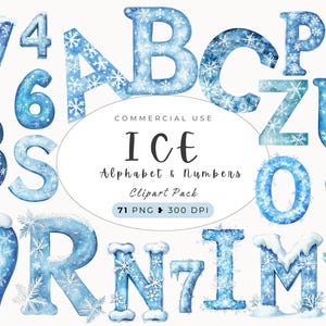 Clipart de alfabeto de gelo, alfabeto de Natal, letras e números, números mágicos de inverno, letras e números festivos de feriados, artesanato DIY, cartão