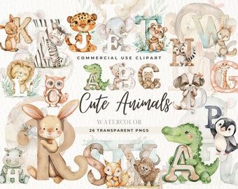 Watercolor Animal Alphabet Clipart, Commercial Use, Instant Download For Kids, Sublimation Design, Cute Abc Clip Art, Baby Nursery, Digital