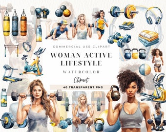 Workout Watercolor Clipart, Fitness Illustration, Gym Clip Art, Women, Digital Download Png, Instant Download, Paper Craft, Junk Journal