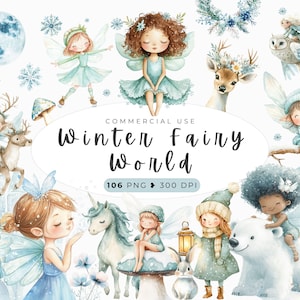 Clipart fata invernale, giardino delle fate della neve, clipart casa delle fate, fate di Natale acquerellate, mondo delle fiabe, fata magica, casa, cervo carino