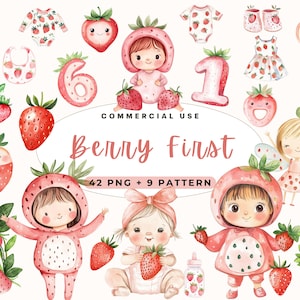 Clipart di bambina con fragole carine, rosso verde, stampabile carino, baby shower con frutta, bambina, modello senza cuciture, primo compleanno con bacche