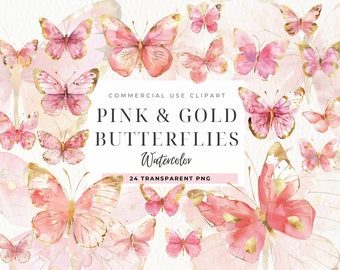 Imágenes prediseñadas de mariposa de oro rosa, mariposas de oro de acuarela, descarga instantánea, niña, gráficos png, uso comercial, fabricación de tarjetas, insectos