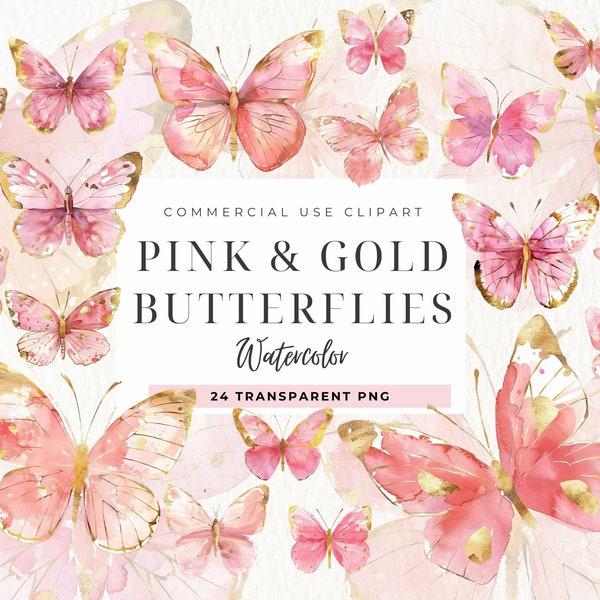 Pink Gold Butterfly Clipart, Watercolor Gold Butterflies, Instant Download, Baby Girl, Png Graphics, Commercial Use, Card Making, Insects