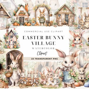 Aquarell Osterhase Haus Clipart, digitale Clipart, digitale Downloa, Frühling Cottage, Kartendesign Sublimationsdruck, Flopsie Kaninchen