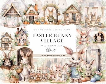 Aquarell Osterhase Haus Clipart, digitale Clipart, digitale Downloa, Frühling Cottage, Kartendesign Sublimationsdruck, Flopsie Kaninchen