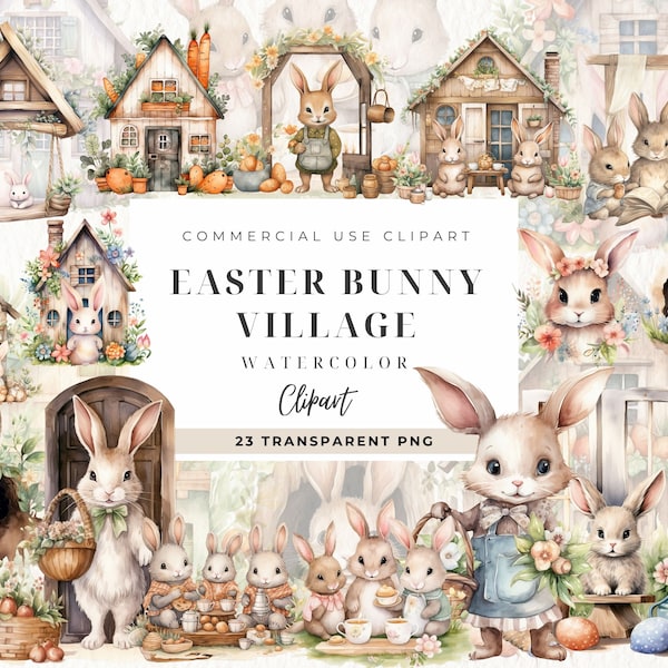 Watercolor Easter Bunny House Clipart, Digital Clipart, Digital Downloa, Spring Cottage, Card Design Sublimation Printing, Flopsy Rabbit