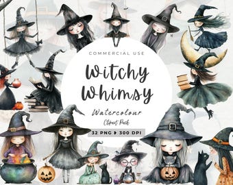 Acuarela de brujas lindas, acuarela de Halloween, lindo espeluznante, gato negro png, mágico espeluznante, descarga digital, linda brujería, álbum de recortes
