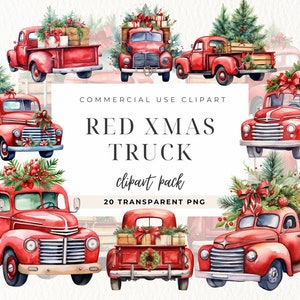 Clipart de camion de Noël aquarelle, camion vintage, décoration de nouvel an, carte de voeux, camion rétro, sapin de Noël, conception d'oeuvre d'art imprimable