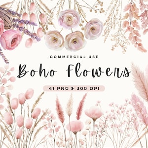 Boho rose fleurs séchées Clipart, herbe de la pampa, automne aquarelle, téléchargement numérique, vieux roses roses, floral blush, faire-part de mariée de mariage