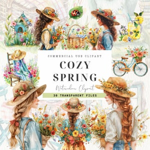 Clipart printemps douillet, printemps aquarelle, printemps cottage, créations en papier, robe à fleurs pour fille PNG, usage commercial, fleurs, fabrication de cartes, lapin
