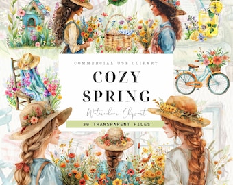 Mysig vår Clipart, akvarell vår, Cottagecore vår, papperspyssel, flicka blommig klänning PNG, kommersiellt bruk, blommor, korttillverkning, kanin