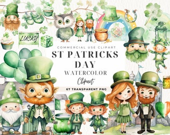 Watercolor St Patricks Day Clipart, Horseshoe, St Patrick Day ClipArt, Shamrock PNG, Lucky, Green, Festive Gnomes, Festive Image, Commercial