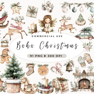 Clipart di Natale rustico, Natale boho, vacanze con acquerello, alberi di Natale, creazione di biglietti, accogliente, ghirlande, angelo neutro, ornamenti, uso commerciale