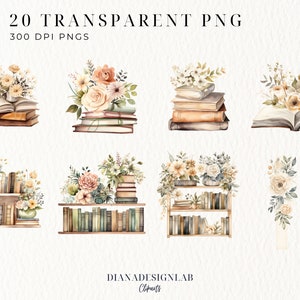 May include: A set of 20 watercolor illustrations featuring books, flowers, and shelves. The illustrations are perfect for adding a touch of whimsy and charm to your projects.