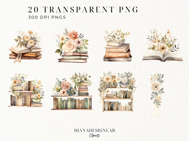 May include: A set of 20 watercolor illustrations featuring books, flowers, and shelves. The illustrations are perfect for adding a touch of whimsy and charm to your projects.