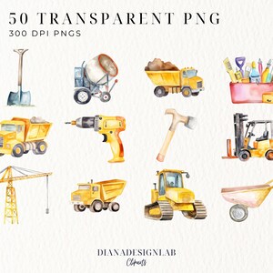 May include: Watercolor illustrations of construction equipment and tools, including a cement mixer, dump trucks, a crane, a forklift, a wheelbarrow, and a toolbox filled with tools. The text "50 TRANSPARENT PNG" and "300 DPI PNGS" is at the top.
