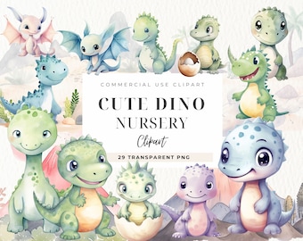 Baby Dinosaur Watercolor Clipart, Nursery Decor, Baby Shower, Cute Dino Clip art Png, Nursery, Commercial Use, Kids Dino Decor, Commercial