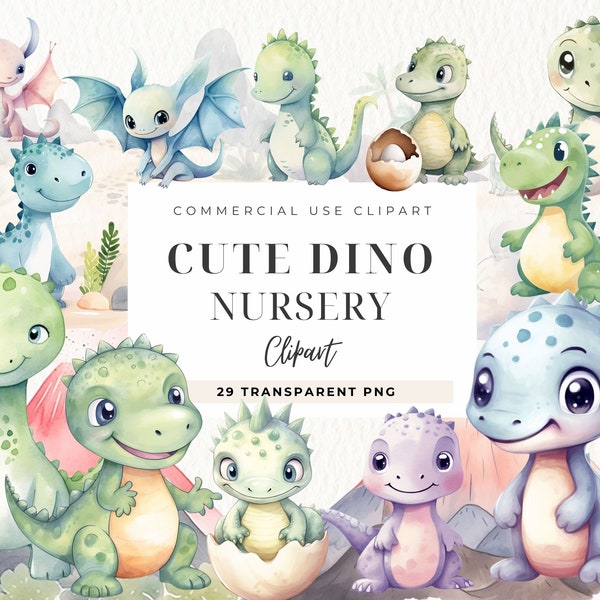 Baby Dinosaur Watercolor Clipart, Nursery Decor, Baby Shower, Cute Dino Clip art Png, Nursery, Commercial Use, Kids Dino Decor, Commercial