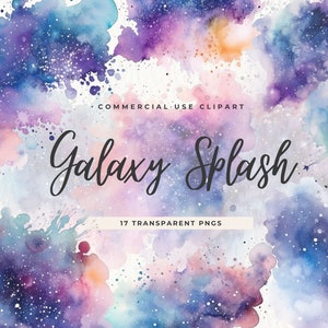 Galaxy Splatter Aquarell Splatter Clipart, abstrakter Hintergrund, Spritzer lila blau, digitaler Download, Pinselstriche, Universum Raum Texturen
