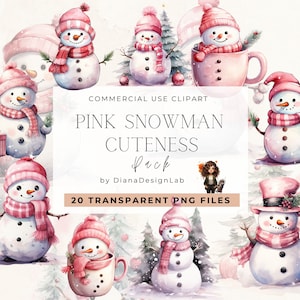 Cute Pink Watercolor Snowman Clipart, Winter Clipart, Cute Christmas Clipart, Commercial Use,  Christmas Holiday Digital Download, Snowman