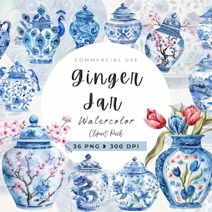 Clipart gemberpot, gembervaas, aquarel kruiden chinoiserie print, chinoiserie, Grand Millennial Blue Willow, Junk Journal, commercieel gebruik