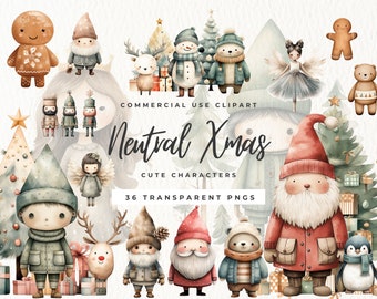Neutrale Winter Clipart, Winteraquarel, Kerstboom, Leuke Kerstkarakters, Scandinavische Kerstillustraties, Sneeuwmannen, Kerstboom