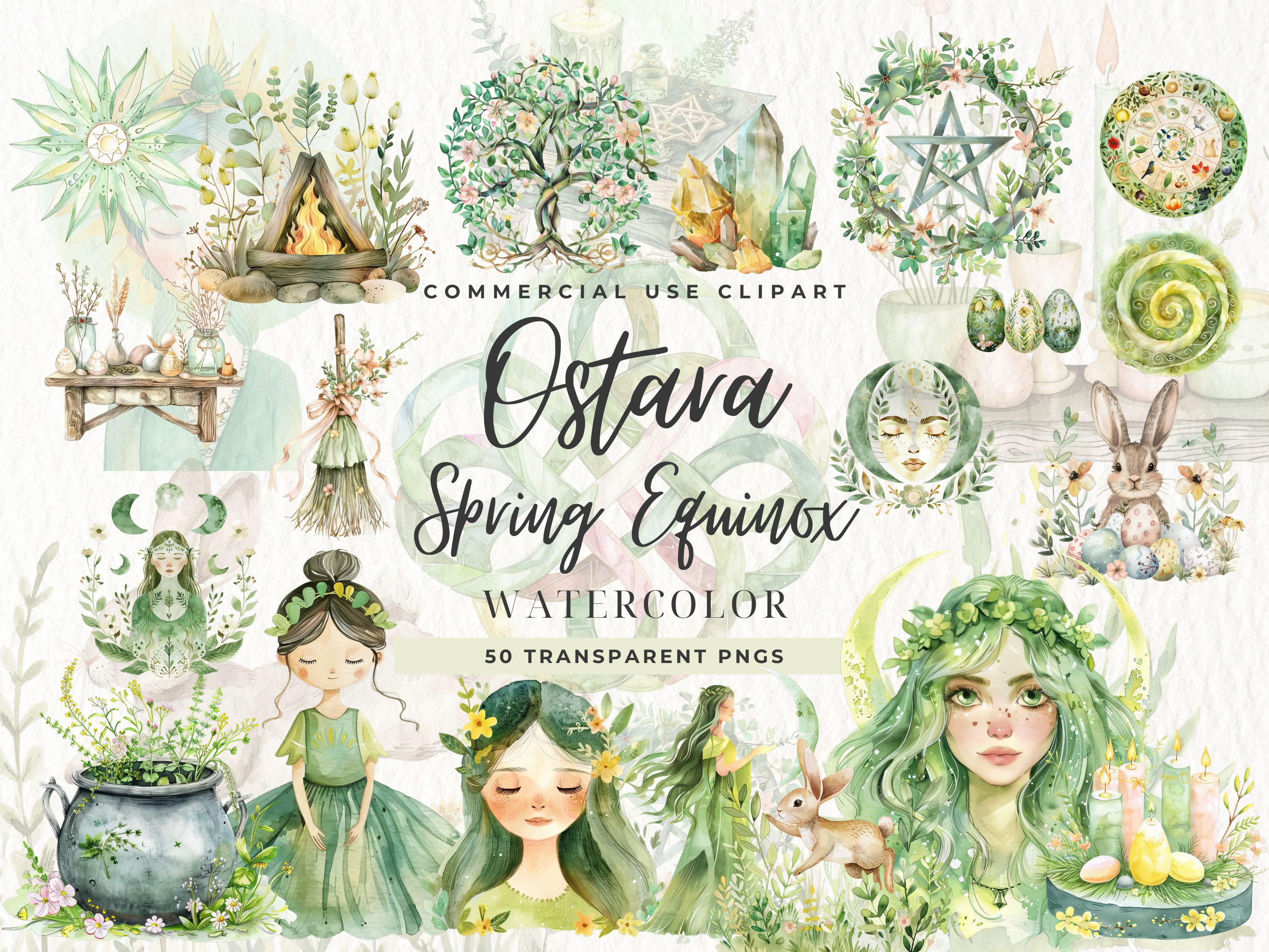 Ostara Clipart, Junk Journal, Paper Crafts, Watercolor Spring Equinox Png Bundle, Neopagan Images, Wheel Of The Year, Commercial Use