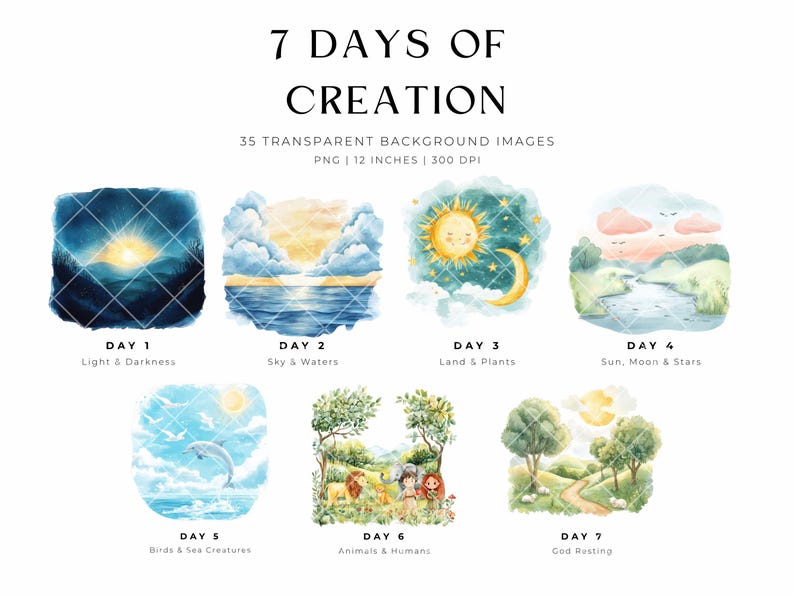 7 Days of Creation Clipart, Sunday School, Biblical Characters, Watercolor Clip Art, Bible Story, Adam and Eve, Kids Bible Images, Christian image 2