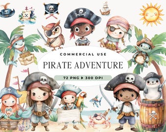 Puede incluir: Un conjunto de 72 ilustraciones de acuarela con temática pirata. Las ilustraciones incluyen piratas, loros, una sirena, un cofre del tesoro, un barco, una palmera, un sol y una foca. Las ilustraciones son perfectas para crear productos digitales o impresos como tarjetas de felicitación, invitaciones, decoraciones para fiestas y scrapbooking.
