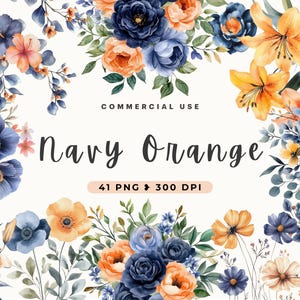 Clipart Navy Orange Flowers, Burnt Orange Flower, Watercolor Flower, Transparent Pngs, Wedding Invite, Printable Paper Craft, Commercial Use